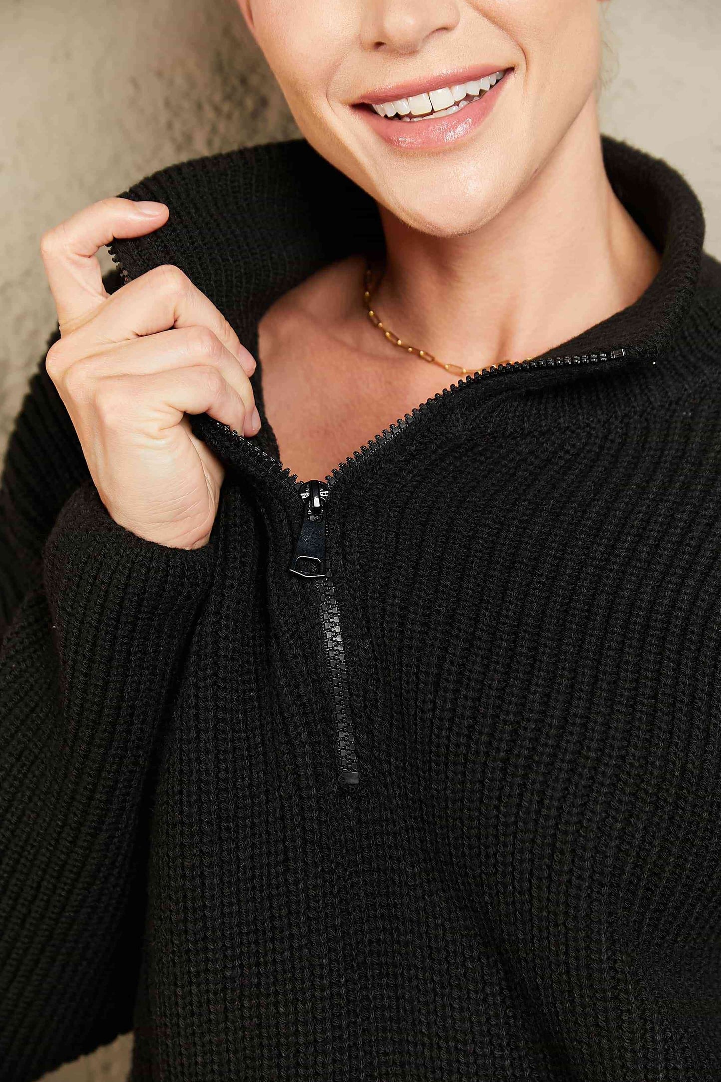 Woven Right Half Zip Rib-Knit Dropped Shoulder Sweater