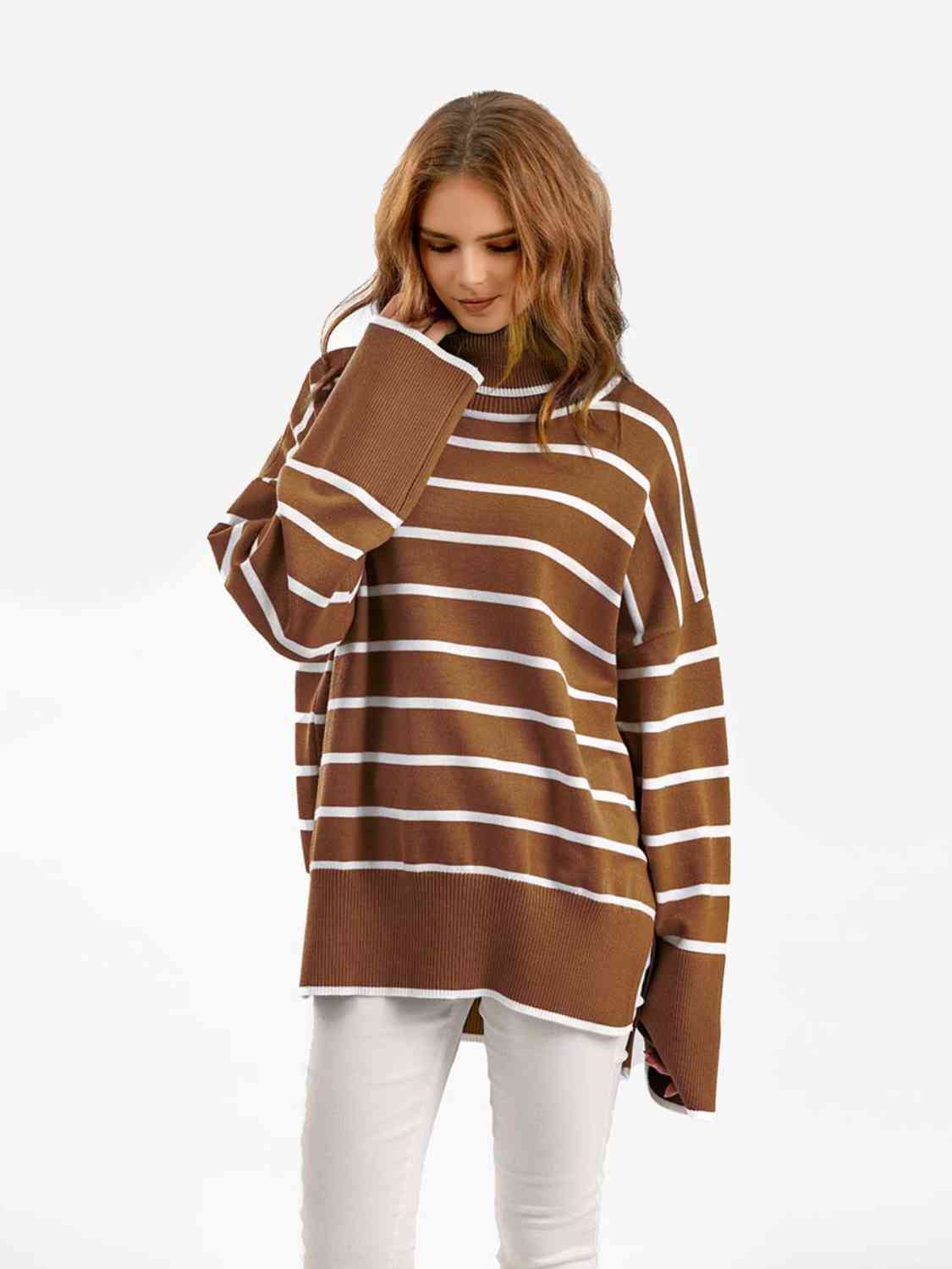 Striped Drop Shoulder Turtleneck Sweater