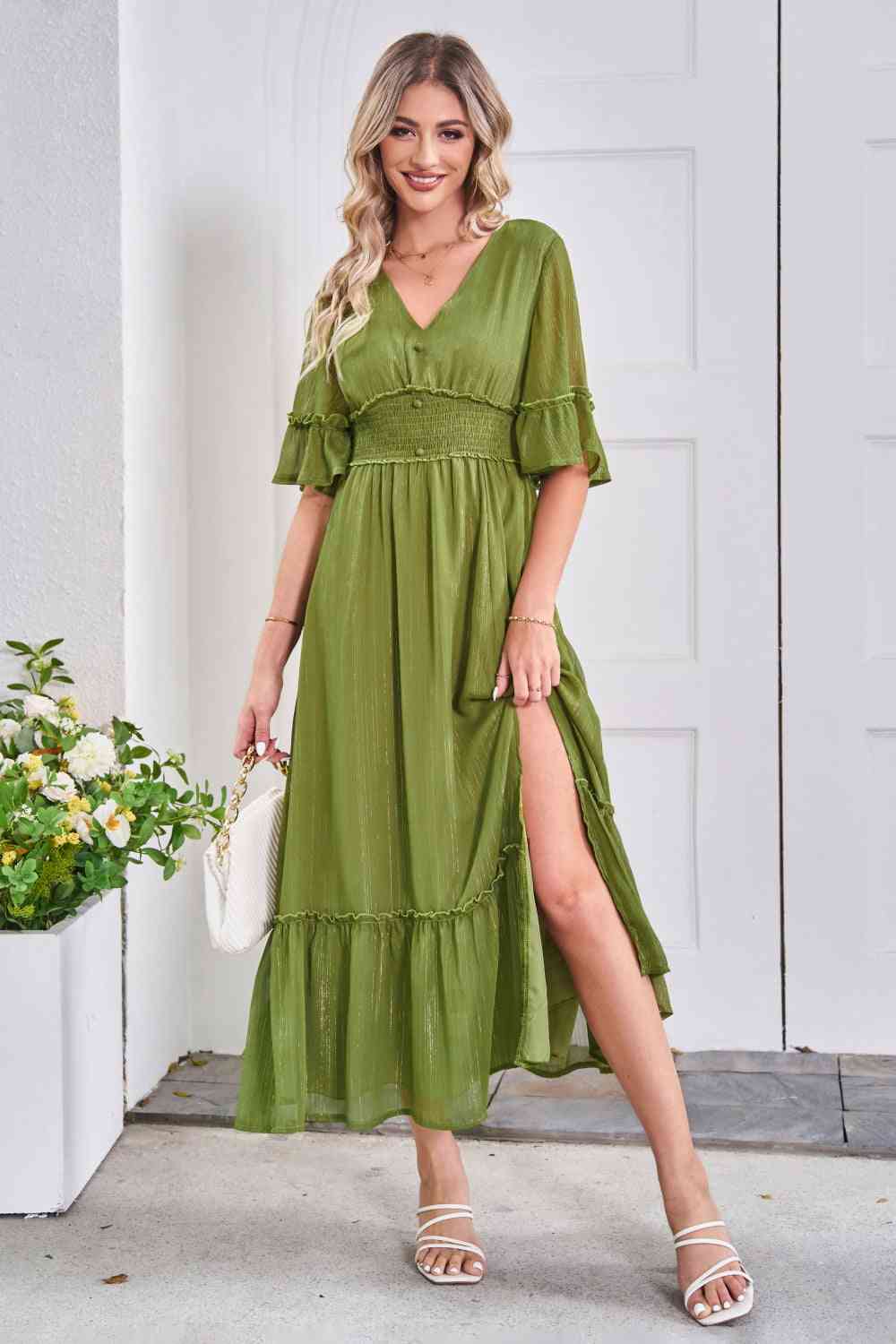 V-Neck Flounce Sleeve Smocked Waist High Slit Dress