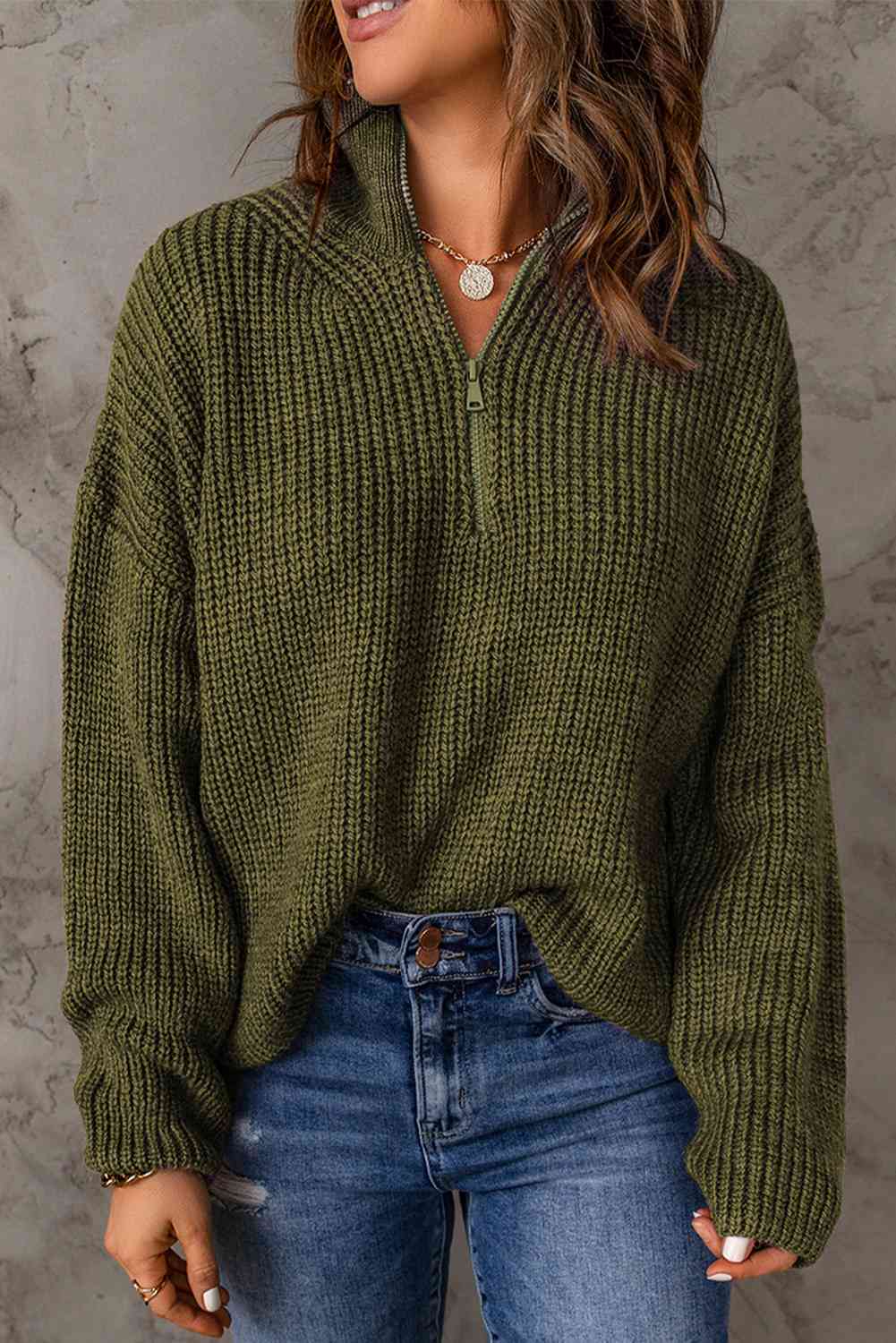 Woven Right Half Zip Rib-Knit Dropped Shoulder Sweater