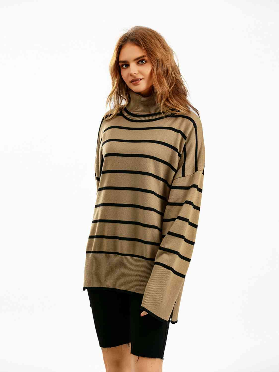 Striped Drop Shoulder Turtleneck Sweater