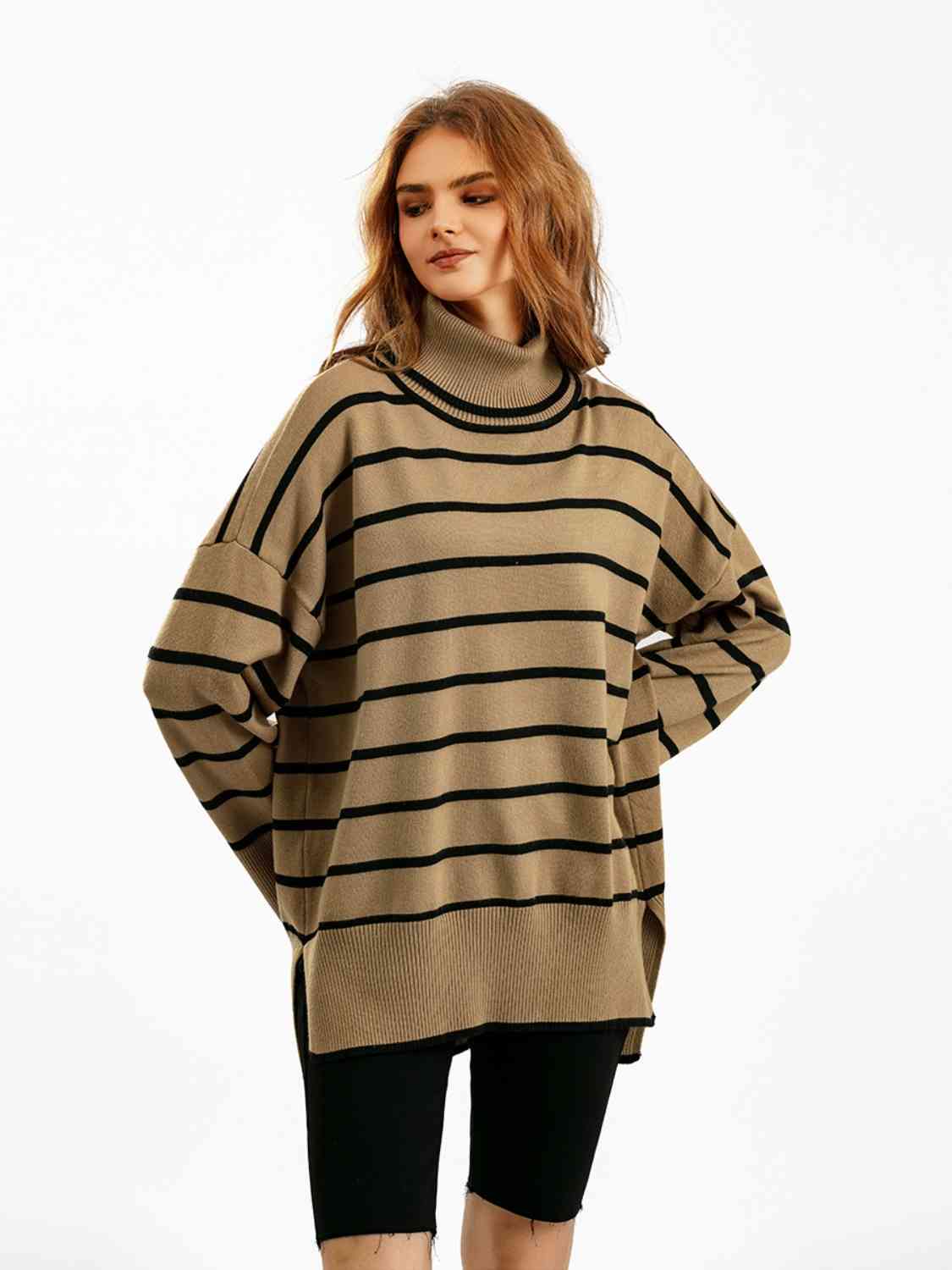 Striped Drop Shoulder Turtleneck Sweater